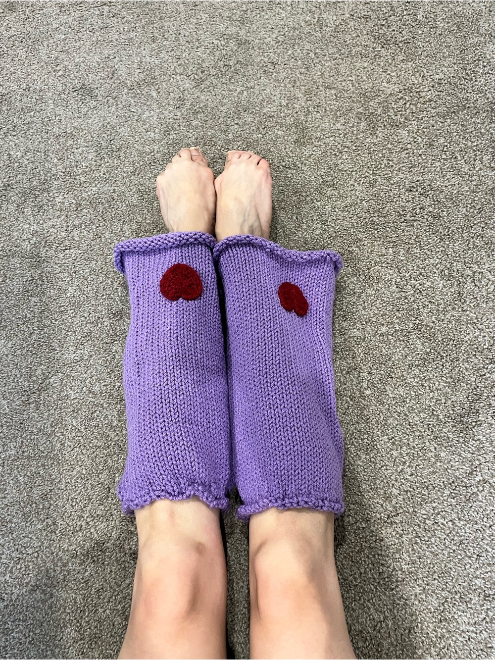 Handmade Lavender Knit Leg Warmers with Red Heart Accent